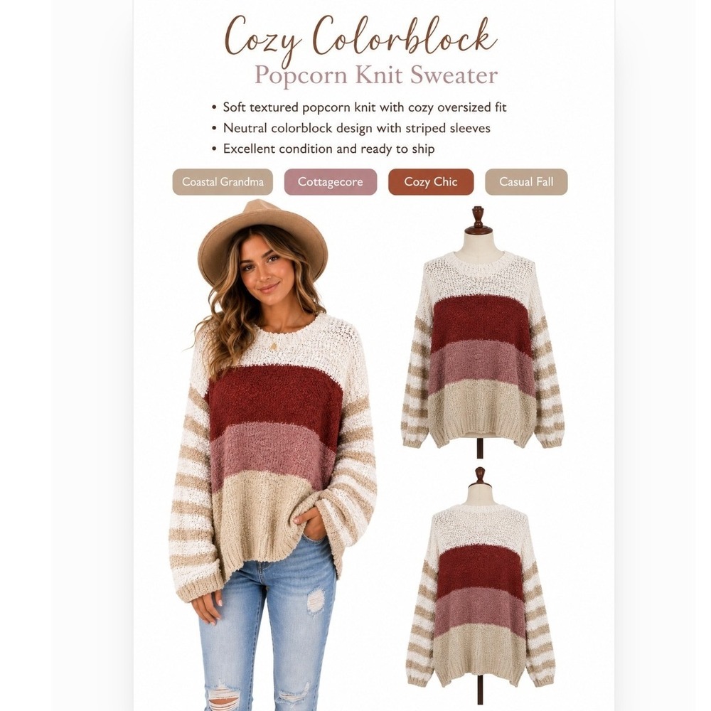 Macaron Cozy Colorblock Popcorn Knit Sweater Small Fall Essential J Bin - Picture 2 of 16